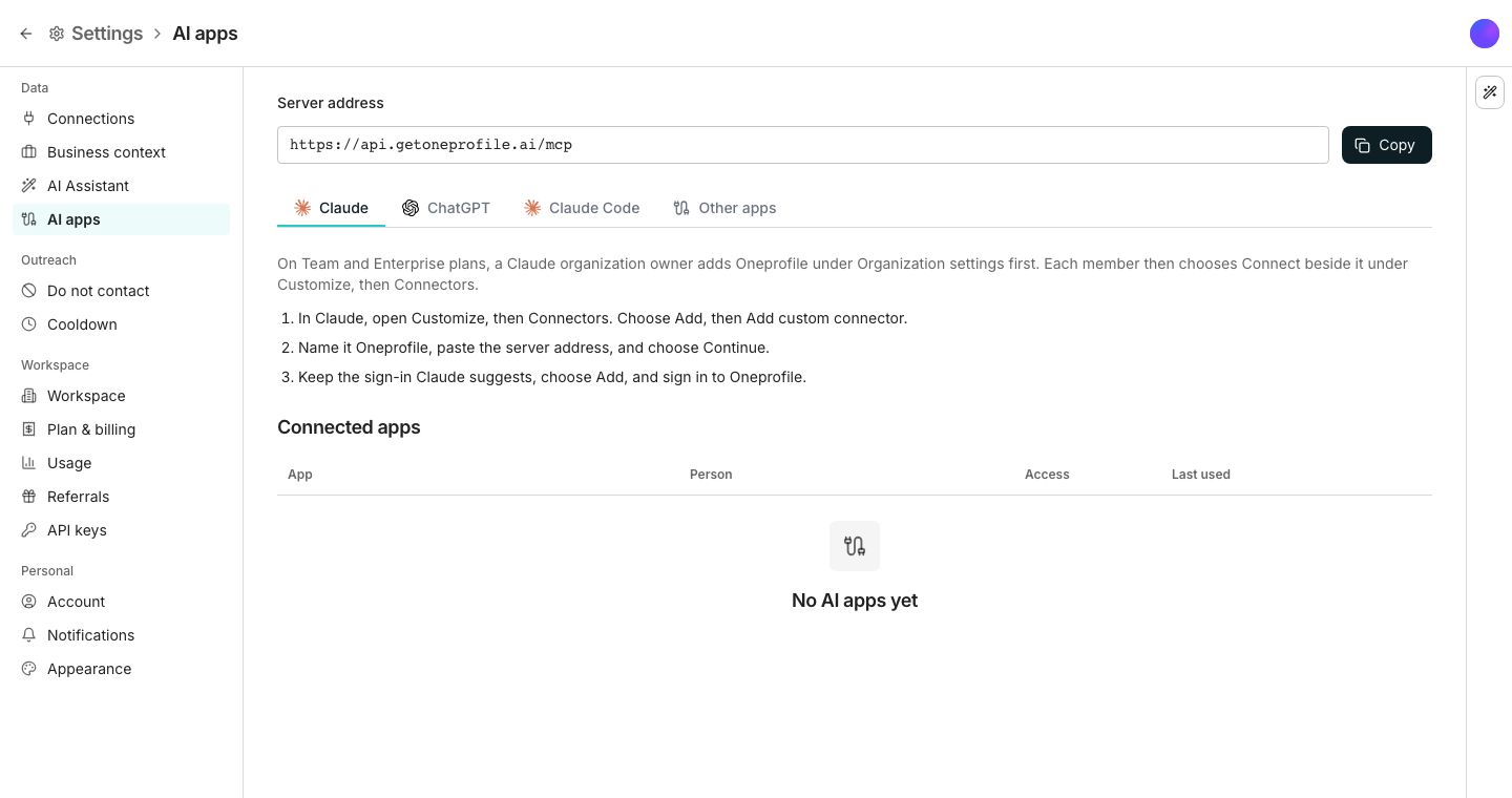 The server address with a Copy button, tabs for Claude, ChatGPT, Claude Code and other apps with the steps for Claude shown, and an empty list of connected apps below.