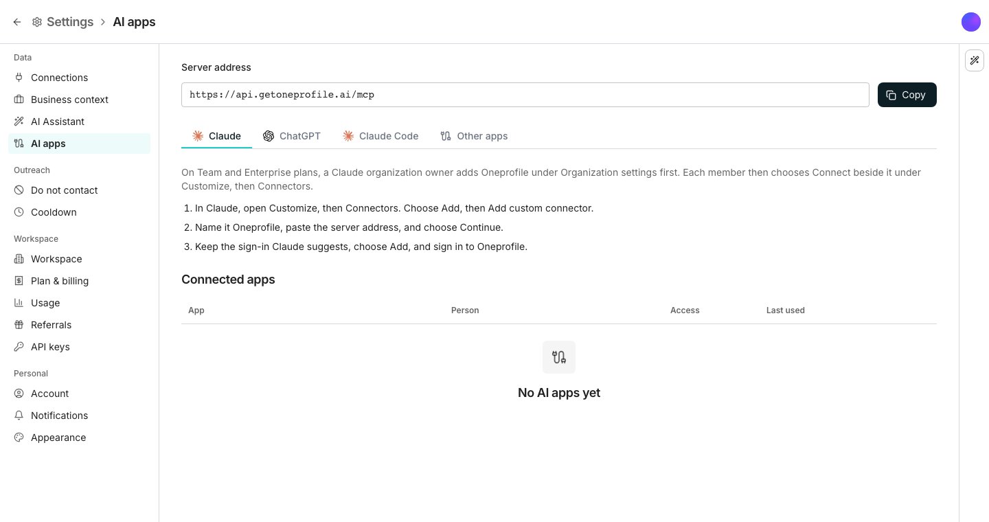 The server address with a Copy button, tabs for Claude, ChatGPT, Claude Code and other apps with the steps for Claude shown, and an empty list of connected apps below.