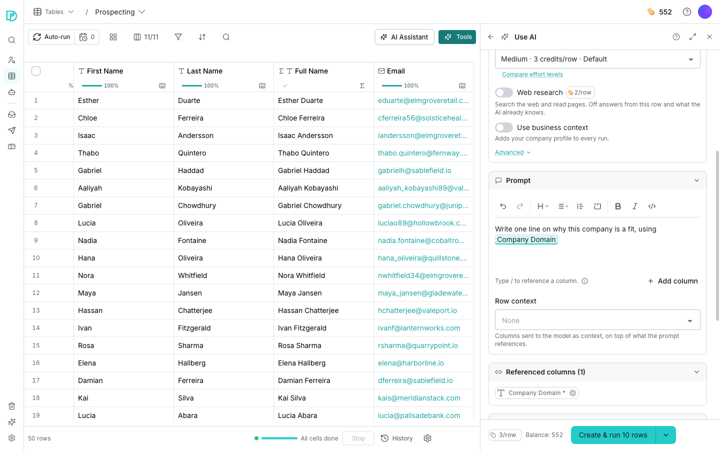 The agent column editor docked beside a table, showing an Effort card with a web research toggle, a Prompt card whose text holds a column reference pill, and an Outputs card listing two named fields.