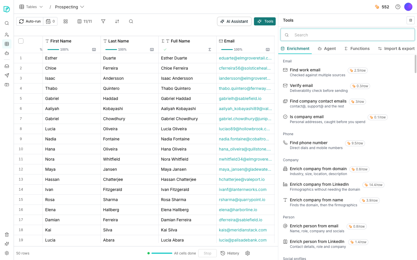 The Tools panel docked to the right of a table, with the Enrichment tab selected and its rows grouped under Email, Phone and Company headings, each row showing a price in credits per row.