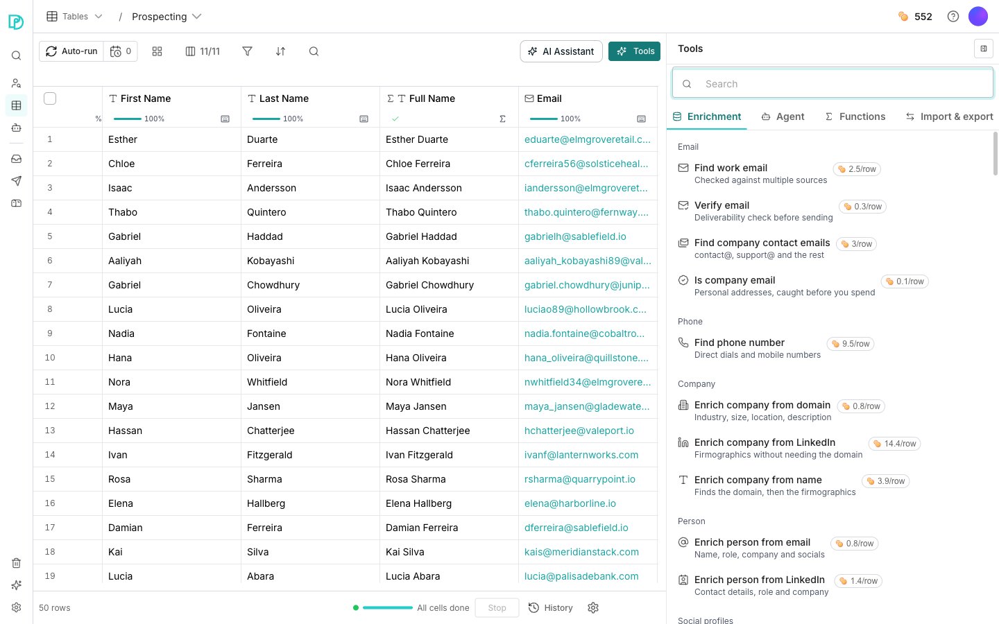 The Tools panel docked to the right of a table, with the Enrichment tab selected and its rows grouped under Email, Phone and Company headings, each row showing a price in credits per row.