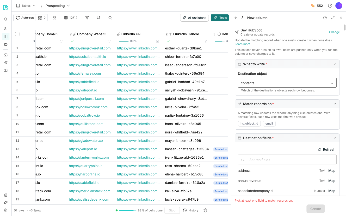 The export editor docked beside a table, showing the chosen destination and action at the top, a What to write card holding the destination object, and a Destination fields card mapping table columns onto the tool's fields.