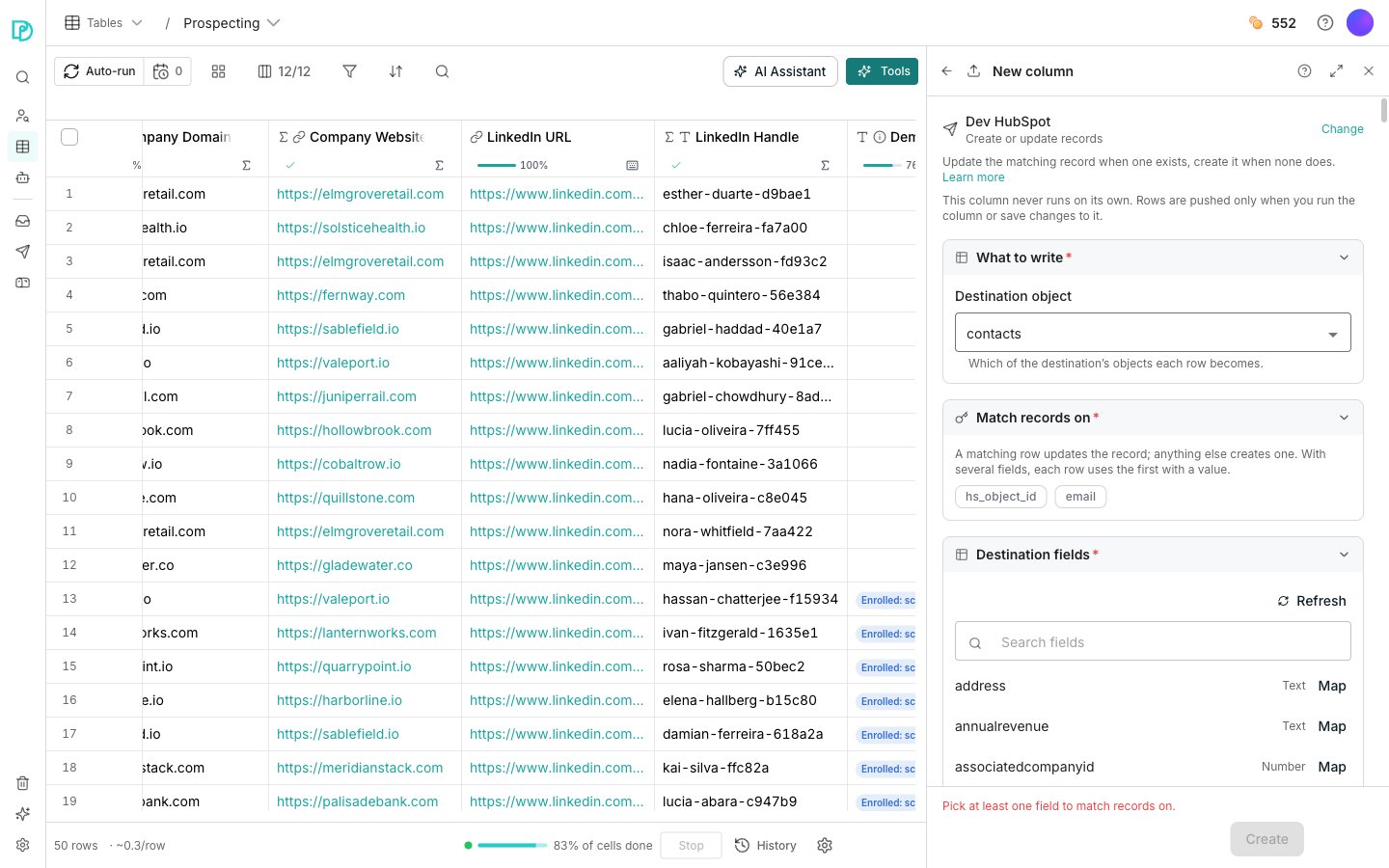 The export editor docked beside a table, showing the chosen destination and action at the top, a What to write card holding the destination object, and a Destination fields card mapping table columns onto the tool's fields.