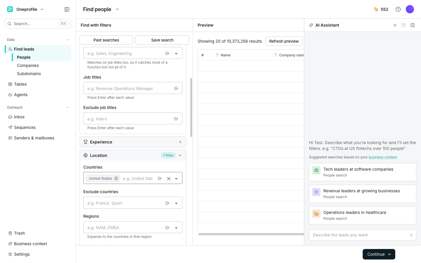 The Find with filters pane on the left with Industries and Seniority set, and the preview on the right showing a match count above a Refresh preview button and a sample of rows.