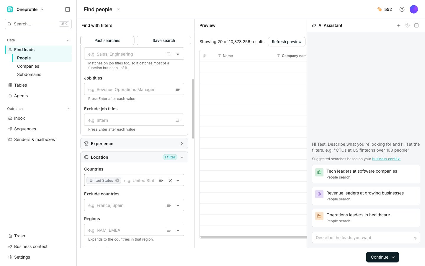 The Find with filters pane on the left with Industries and Seniority set, and the preview on the right showing a match count above a Refresh preview button and a sample of rows.