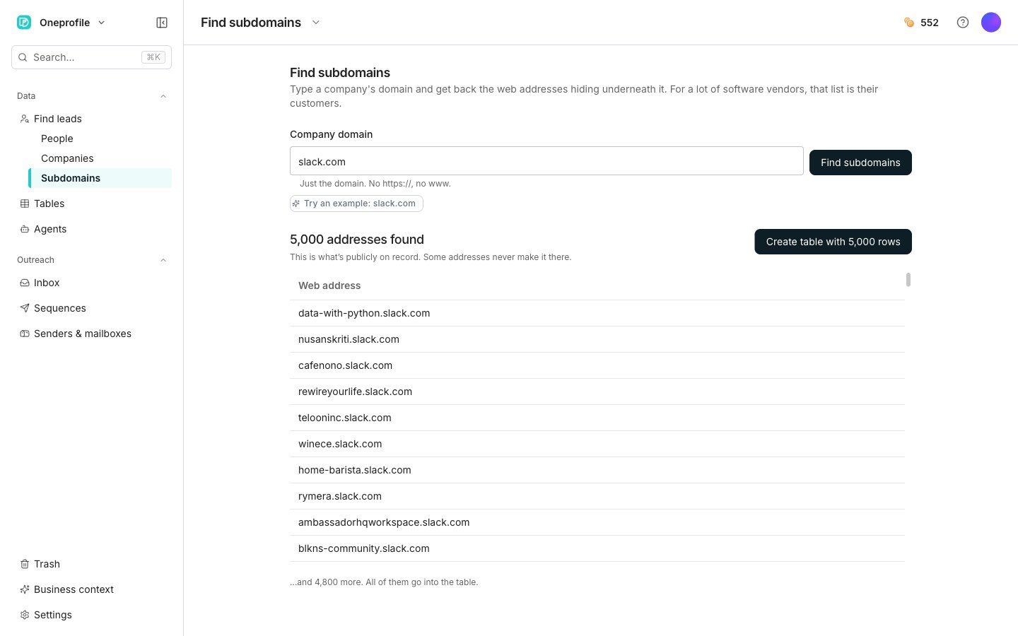 A finished subdomain search for slack.com, showing an addresses found count, a Create table button, and a single Web address column listing hostnames.
