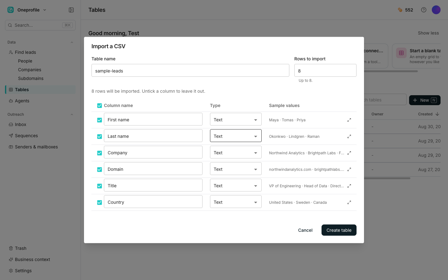 The Import a CSV dialog showing Table name and Rows to import fields above a list of the file's columns, each with a Column name box, a Type dropdown and its sample values.