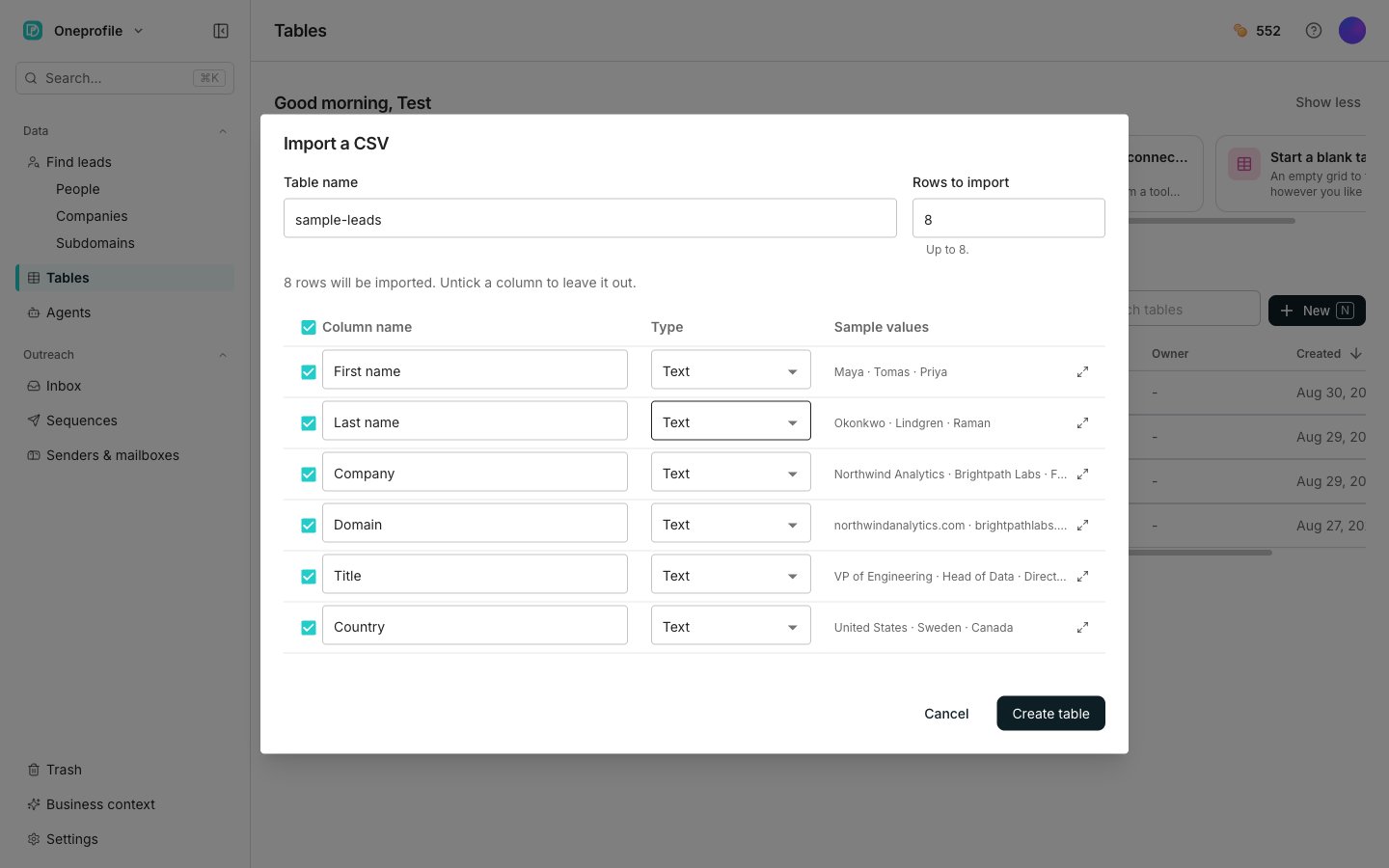 The Import a CSV dialog showing Table name and Rows to import fields above a list of the file's columns, each with a Column name box, a Type dropdown and its sample values.