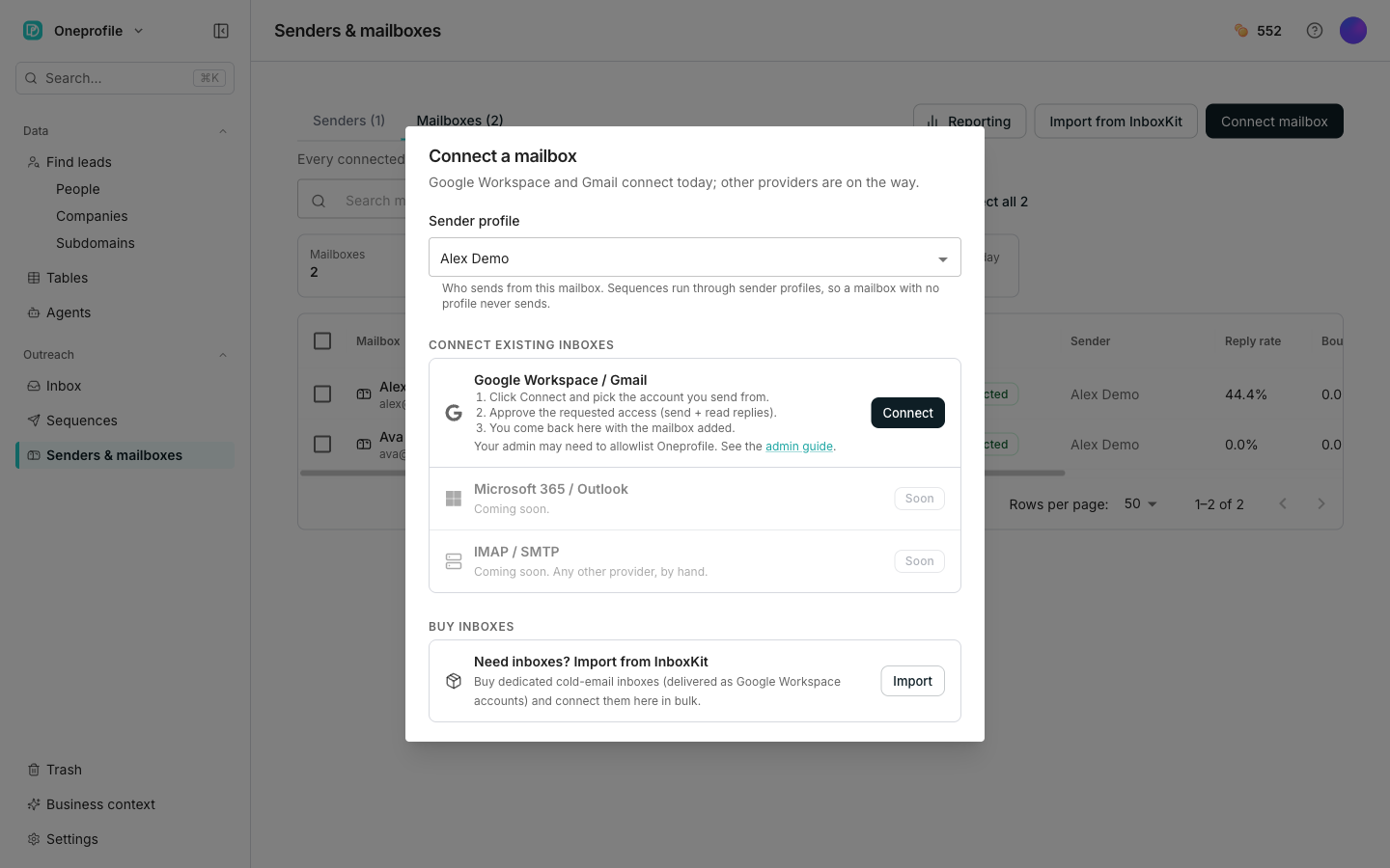 The Connect a mailbox dialog, with a Sender profile field above a list of connection methods: Google Workspace / Gmail with a Connect button, Microsoft 365 / Outlook and IMAP / SMTP marked Soon, and a row for importing inboxes in bulk.