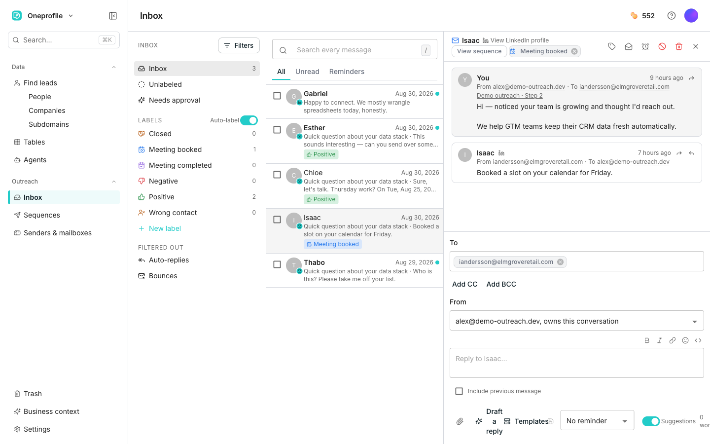 The inbox in three panes: a left rail of views and labels, a list of conversations with All, Unread and Reminders tabs above it, and one open thread showing its messages with a reply box underneath.