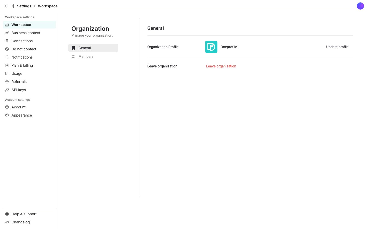 The Settings area, with a left rail split into Workspace settings and Account settings, and the Workspace pane open beside it on its General tab, showing the workspace name, its logo, and the actions to leave or delete it.