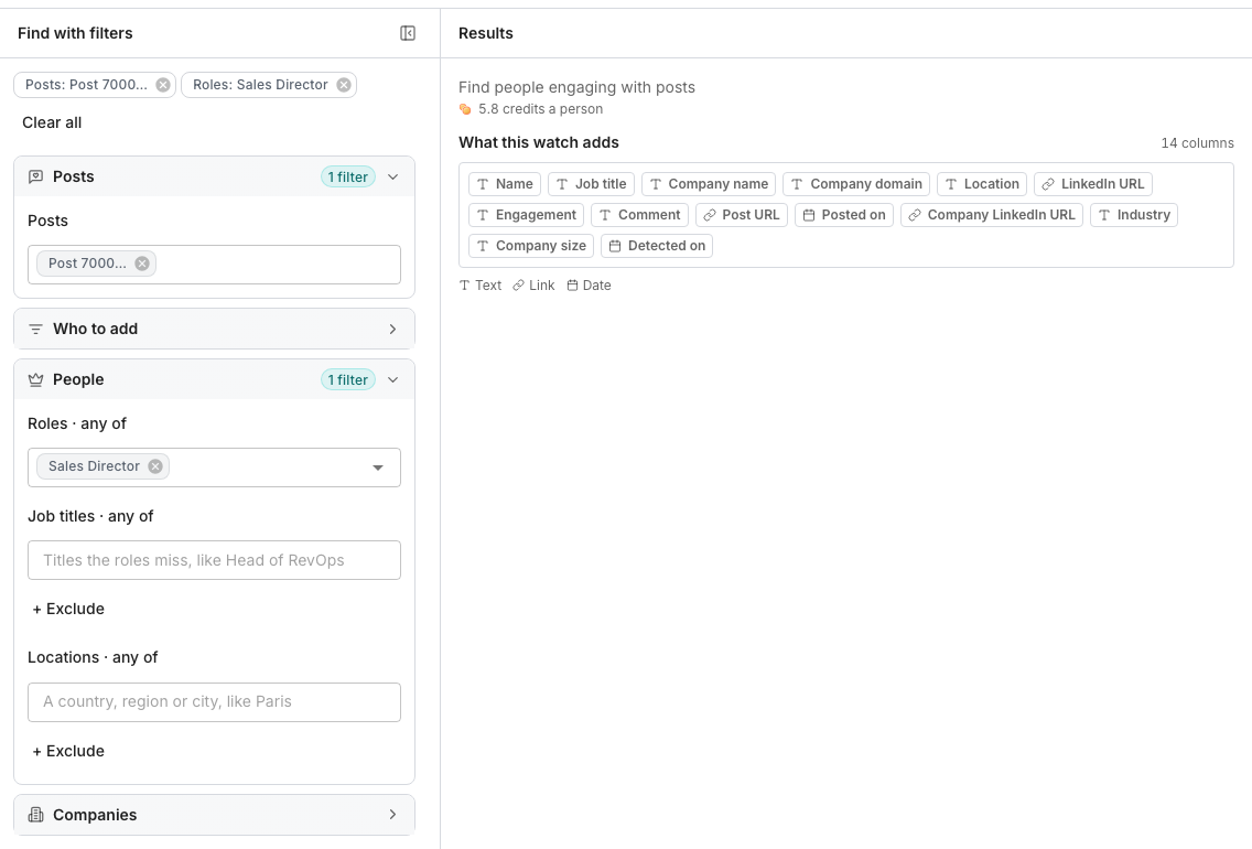 The Find people engaging with posts page. On the left, Posts holds one pasted post link and People is open with Sales Director in Roles, above empty Job titles and Locations boxes. On the right, the price in credits a person sits above the 14 columns the watch's table gets, from Name and Job title to Post URL and Detected on.