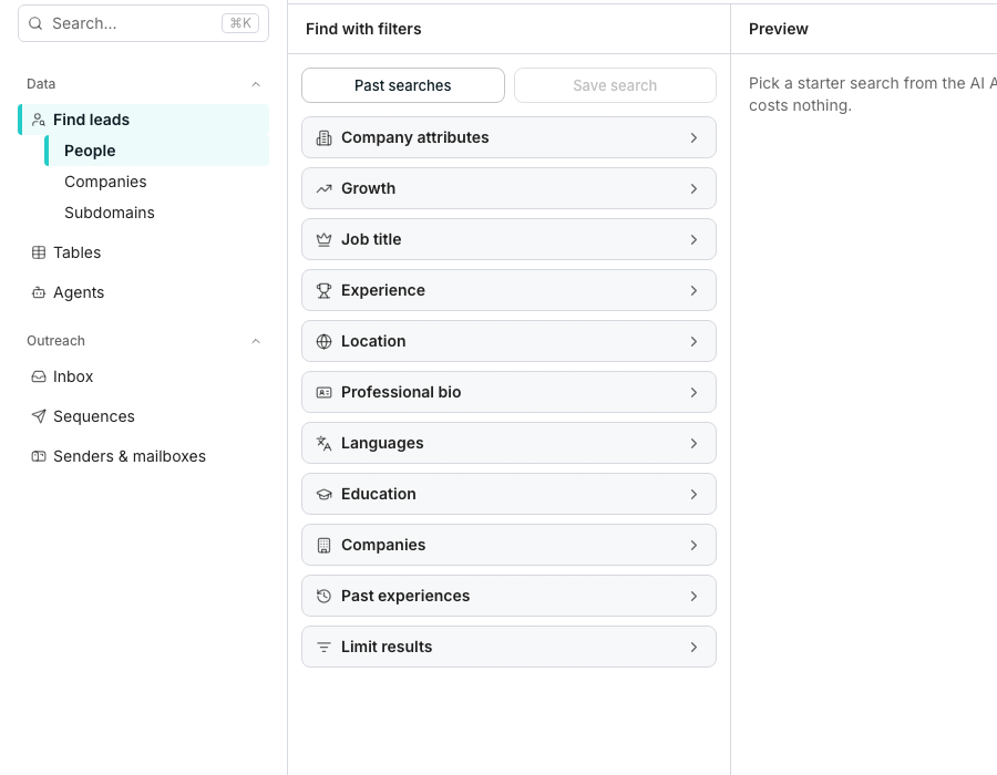 The AI Assistant panel on the right of the Find people search, with a Describe the leads you want box above suggested search cards drawn from business context.