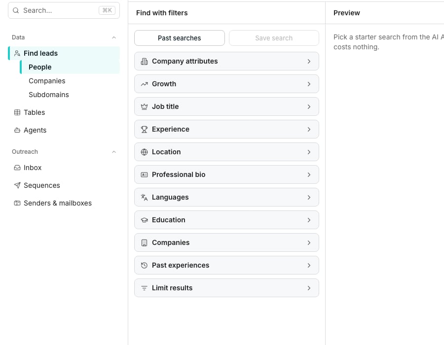 The AI Assistant panel on the right of the Find people search, with a Describe the leads you want box above suggested search cards drawn from business context.