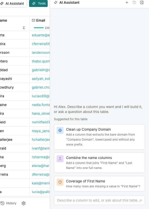 The AI Assistant panel open beside the grid, showing a suggested column card with its cost in credits per row, an Add column button and a Dismiss suggestion button.