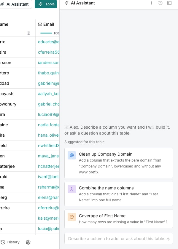 The AI Assistant panel open beside the grid, showing a suggested column card with its cost in credits per row, an Add column button and a Dismiss suggestion button.