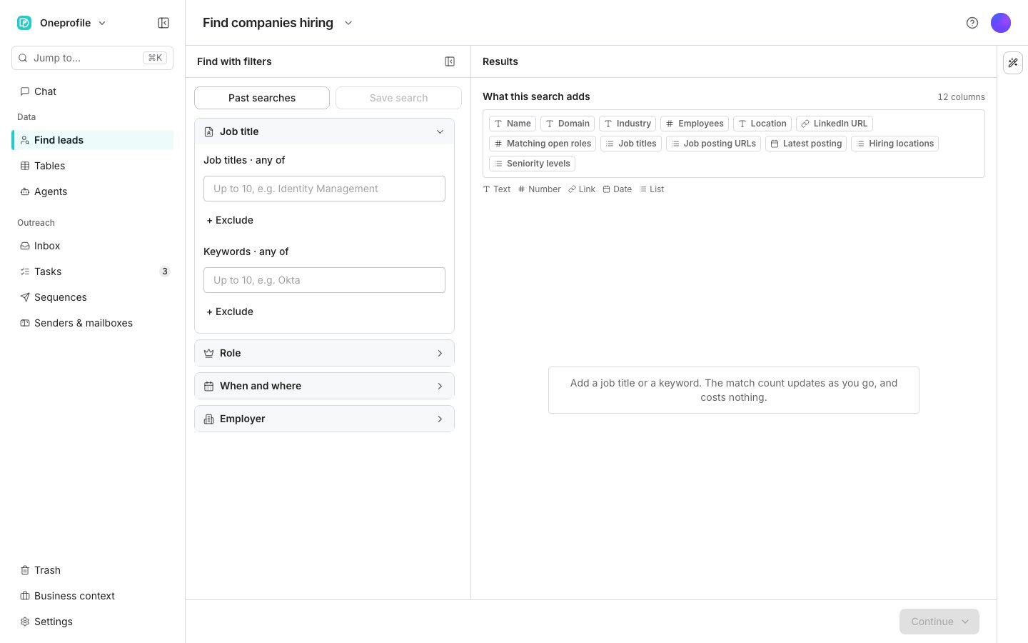 The Find companies hiring page, with the Job title filter group open and the Role, When and where, and Employer groups collapsed down the left, and a Results pane on the right listing the columns the search adds, such as Name, Domain, Industry, Employees, Matching open roles, and Job titles.
