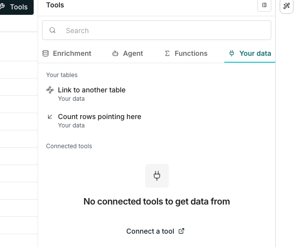 The Tools panel open on its Your data tab, listing Link to another table and Count rows pointing here under Your tables, above Connected tools.