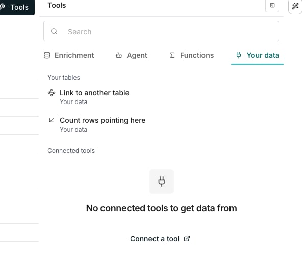The Tools panel open on its Your data tab, listing Link to another table and Count rows pointing here under Your tables, above Connected tools.