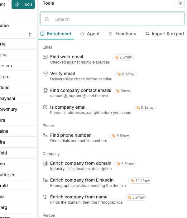 The Tools panel's Enrichment tab beside a table, listing rows like Find work email, Verify email and Find phone number, each with a one-line description and a price in credits per row.