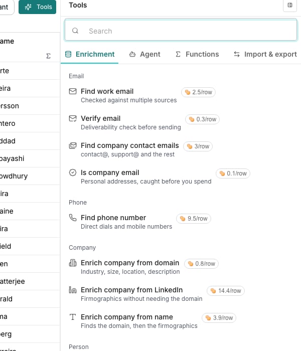 The Tools panel's Enrichment tab beside a table, listing rows like Find work email, Verify email and Find phone number, each with a one-line description and a price in credits per row.