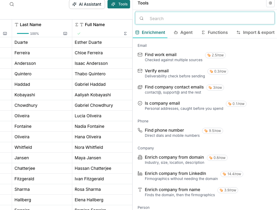 The Tools panel docked to the right of a table, with the Enrichment tab selected and its rows grouped under Email, Phone, Company and Person headings, each row showing a one-line description and a price in credits per row.