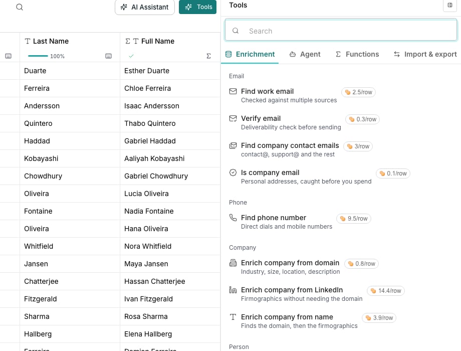 The Tools panel docked to the right of a table, with the Enrichment tab selected and its rows grouped under Email, Phone, Company and Person headings, each row showing a one-line description and a price in credits per row.