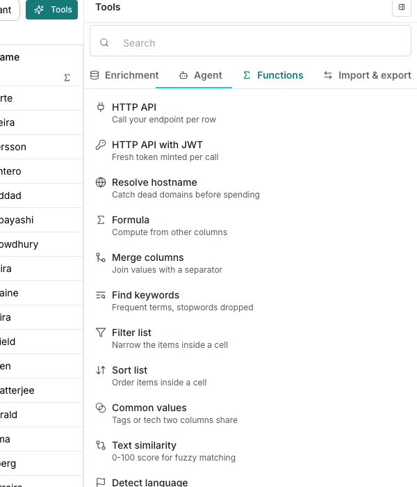 The Tools panel docked beside a table on its Functions tab, listing HTTP API, HTTP API with JWT, Resolve hostname, Formula, Merge columns, Find keywords, Filter list, Sort list, Common values, Text similarity, Detect language, Score words and Hash value, each with a one-line description.