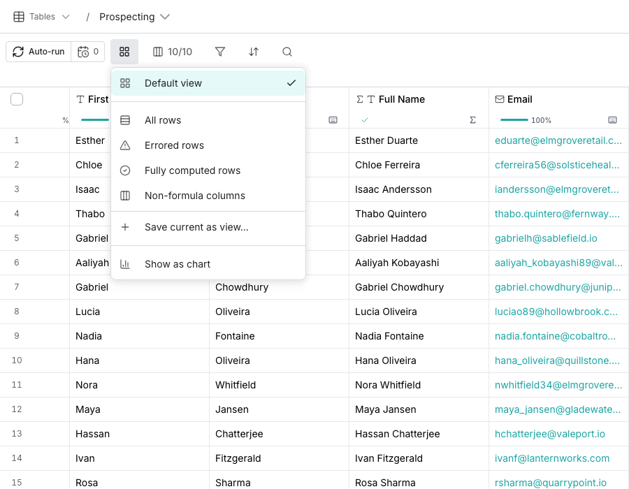 The view switcher open in the table toolbar, with Default view ticked at the top, then the built-in All rows, Errored rows, Fully computed rows and Non-formula columns, then Save current as view…, with Show as chart at the foot.