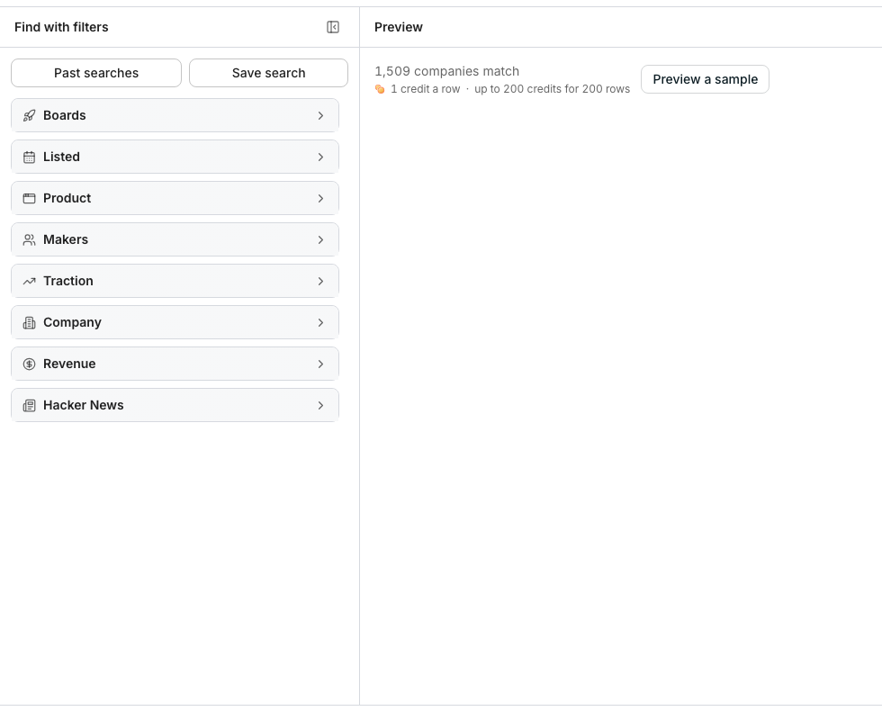 The startup launches search, with filter groups for boards, listed day, product, makers, traction, company, revenue, and Hacker News, beside a preview showing how many companies match and the price a row.