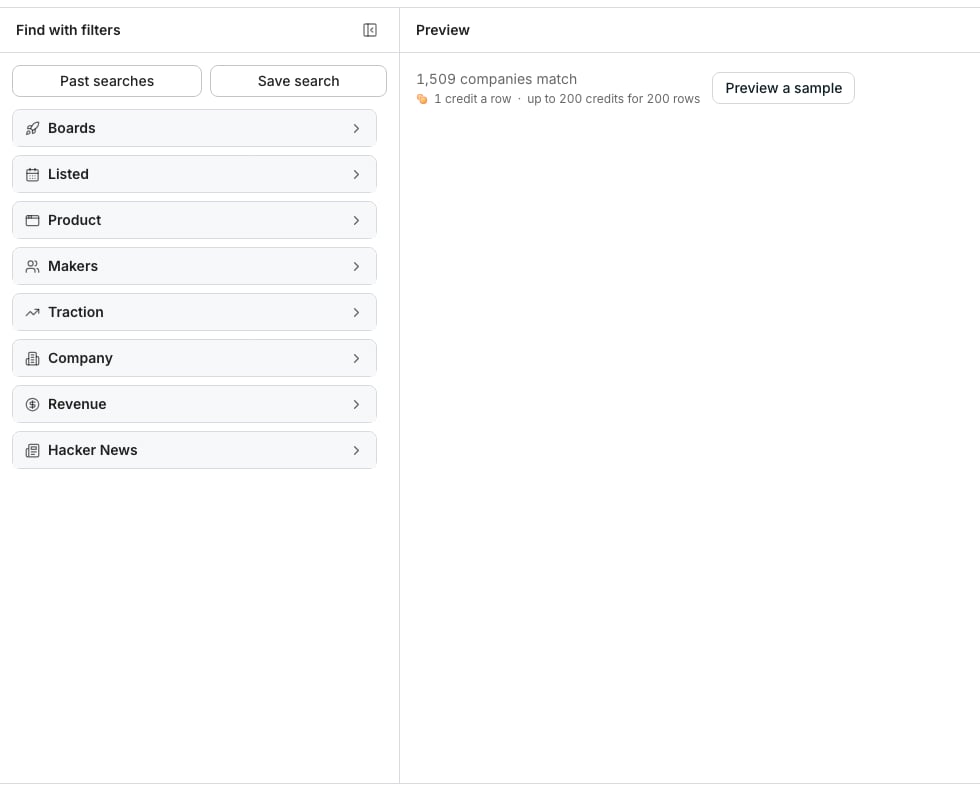 The startup launches search, with filter groups for boards, listed day, product, makers, traction, company, revenue, and Hacker News, beside a preview showing how many companies match and the price a row.