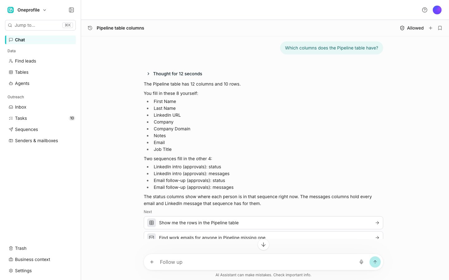 The Chat page with one conversation open, where the AI Assistant has been asked which columns the Pipeline table has and has answered with its column names, followed by suggested next questions.
