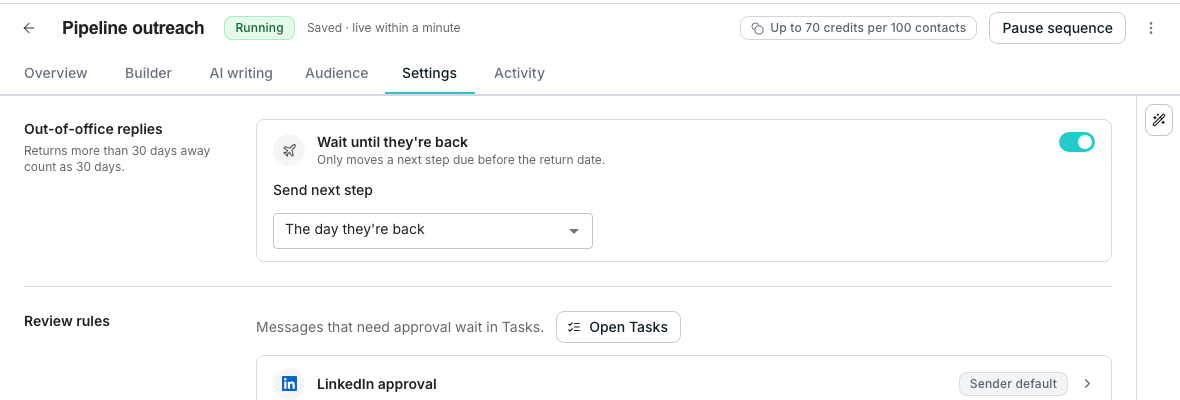 A sequence's Settings tab with the Out-of-office replies section: the Wait until they're back switch turned on, and a Send next step menu set to The day they're back.