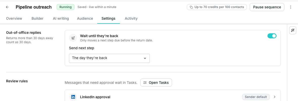 A sequence's Settings tab with the Out-of-office replies section: the Wait until they're back switch turned on, and a Send next step menu set to The day they're back.