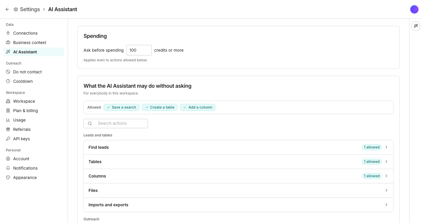 The AI Assistant settings pane, with a Spending card holding an Ask before spending field followed by credits or more, then What the AI Assistant may do without asking, with a line naming what is allowed, a search box, and shut groups such as Find leads and Tables under the heading Leads and tables.