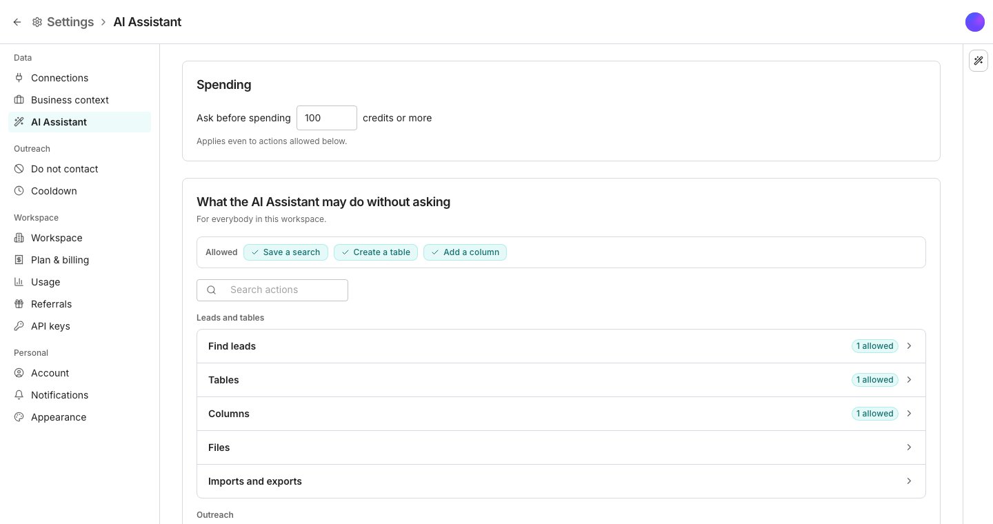The AI Assistant settings pane, with a Spending card holding an Ask before spending field followed by credits or more, then What the AI Assistant may do without asking, with a line naming what is allowed, a search box, and shut groups such as Find leads and Tables under the heading Leads and tables.