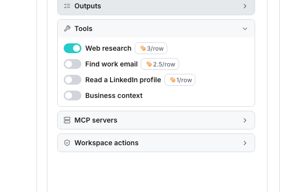 The agent editor's Tools section showing a Web research switch and two lookup switches named Find work email and Read a LinkedIn profile, each with a credit chip beside it, and a Business context switch.