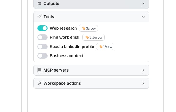 The agent editor's Tools section showing a Web research switch and two lookup switches named Find work email and Read a LinkedIn profile, each with a credit chip beside it, and a Business context switch.