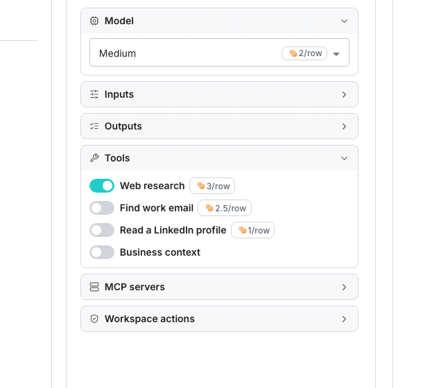 An agent's configuration panel: the level it runs on, then a Tools card whose Web research switch and two lookup switches each carry a credit chip showing what it adds to a row.