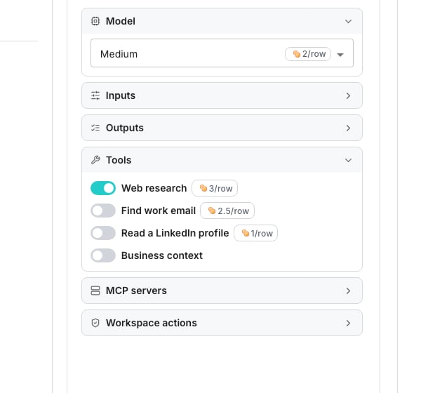 An agent's configuration panel: the level it runs on, then a Tools card whose Web research switch and two lookup switches each carry a credit chip showing what it adds to a row.