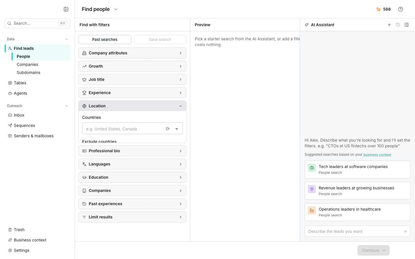 The Find people search in three panes: Find with filters on the left with the Location section open on Countries, Regions and Cities, the empty Preview in the middle, and the AI Assistant on the right with suggested searches above a Describe the leads you want box.
