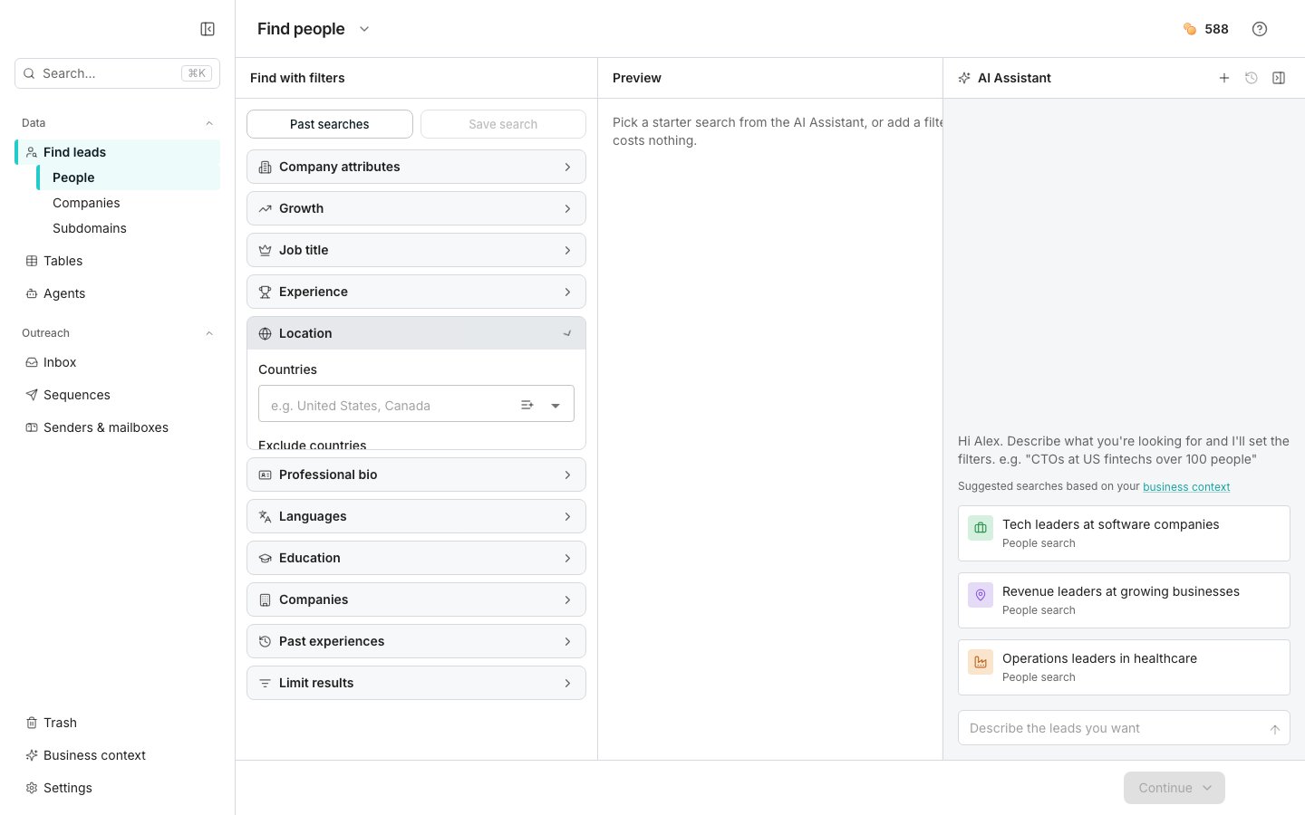 The Find people search in three panes: Find with filters on the left with the Location section open on Countries, Regions and Cities, the empty Preview in the middle, and the AI Assistant on the right with suggested searches above a Describe the leads you want box.