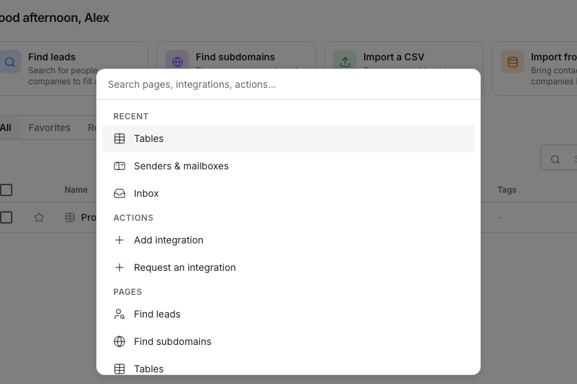 The command palette open over a table, with a search box at the top and grouped results below it for recent pages, actions and integrations.