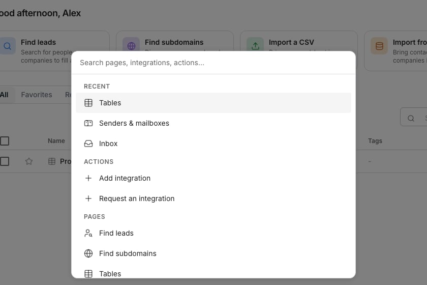 The command palette open over a table, with a search box at the top and grouped results below it for recent pages, actions and integrations.