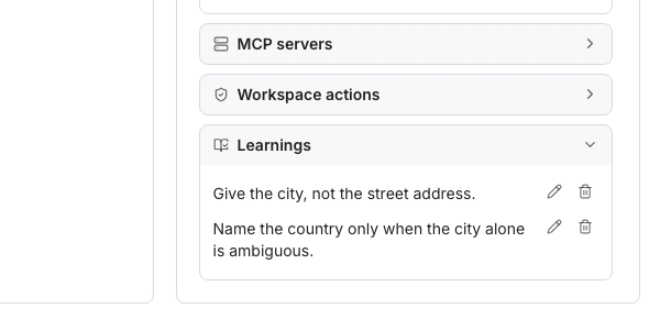 The Learnings section of an agent's Configuration panel listing two learnings, each with an edit and a delete button.