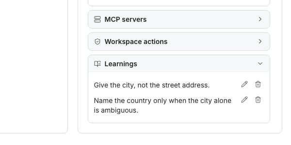 The Learnings section of an agent's Configuration panel listing two learnings, each with an edit and a delete button.