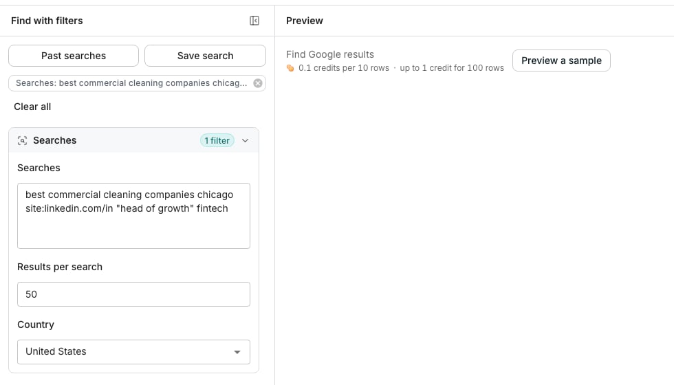 The Find Google results page, with the Searches group open on the left showing two searches typed one per line, Results per search set to 50 and Country set to United States, and a Preview pane on the right reading 0.1 credits per 10 rows, up to 1 credit for 100 rows, beside a Preview a sample button.