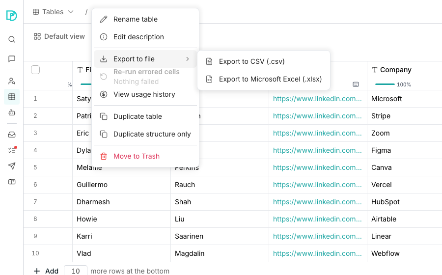 The menu under a table's name listing Rename table, Edit description and Export to file, with a submenu beside it offering Export to CSV (.csv) and Export to Microsoft Excel (.xlsx), over the table's rows.