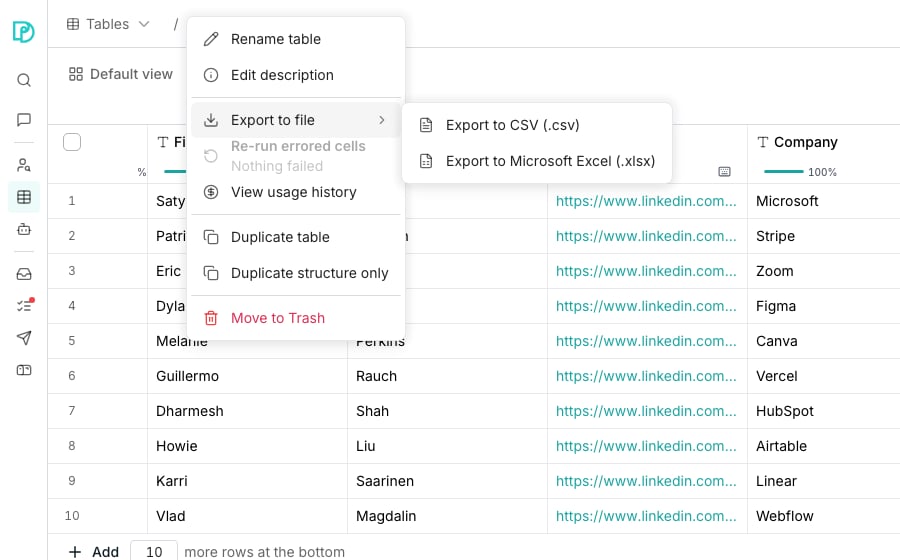The menu under a table's name listing Rename table, Edit description and Export to file, with a submenu beside it offering Export to CSV (.csv) and Export to Microsoft Excel (.xlsx), over the table's rows.