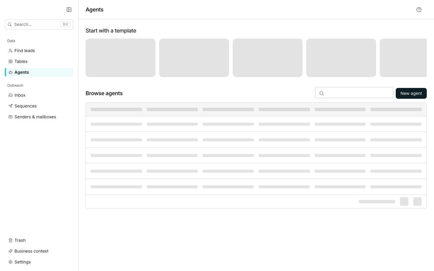 The Agents page with two sections: a row of template cards under Start with a template for Company research, ICP fit, How they'd use it and Email message; and a Browse agents section below with a search box, a New agent button, and one saved agent named Company research agent.